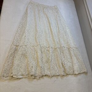 Vintage Liz Wear Cream White Women's Lace Maxi Peasant Skirt Size M Western Boho